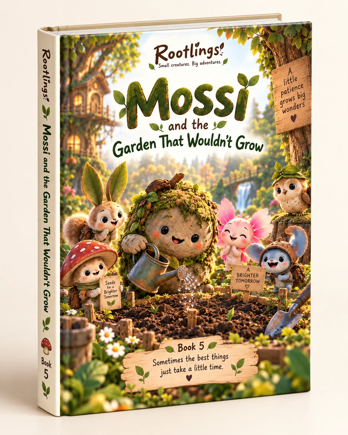 Mossi and the Garden That Wouldn’t Grow — Rootlings Book 5, hardcover-style preview of the printable story